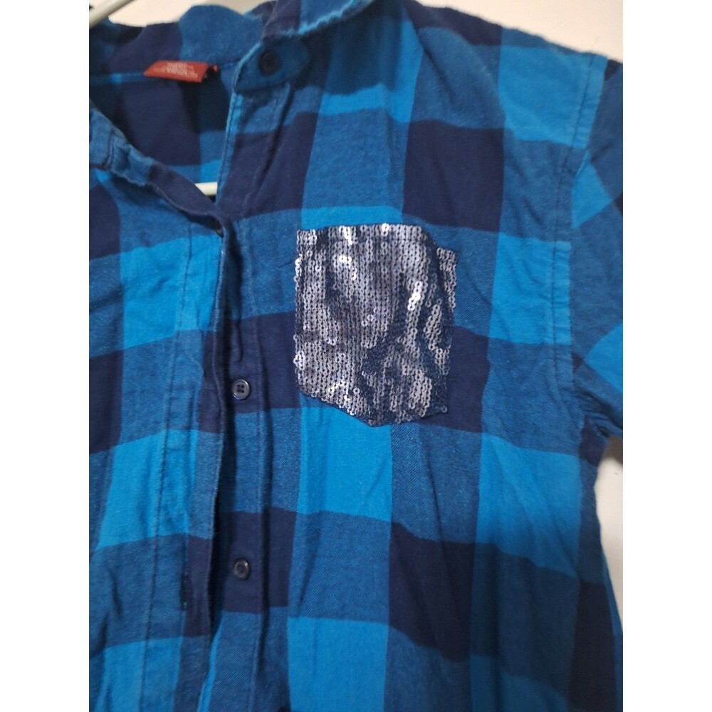 Arizona Jean Co Girls Size L 14 Blue Plaid Flannel Button Down Sequin Pocket Top - Picture 2 of 5
